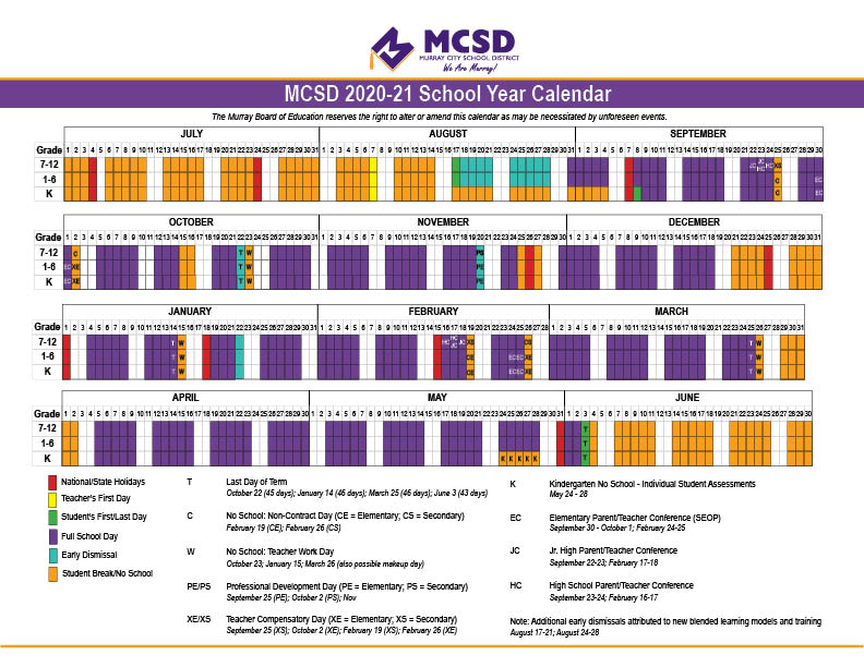 MCSD 2020 21 School Year Calendar Visual Murray City School District