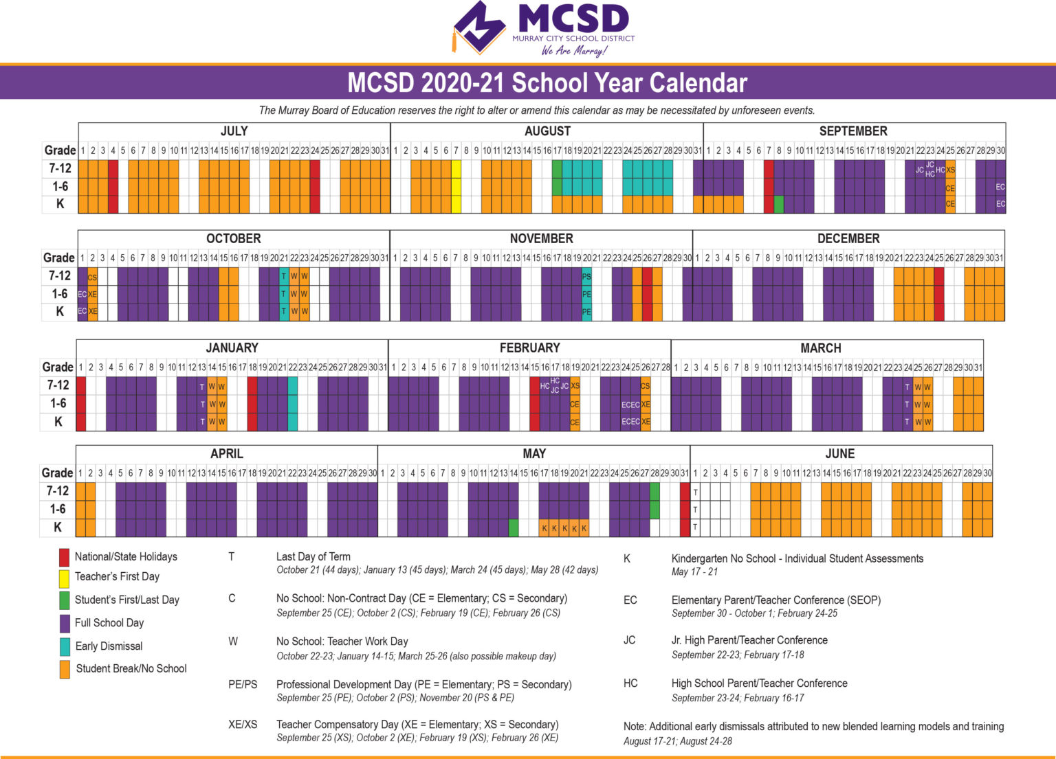 School Year Calendar Bell Schedule Murray City School District